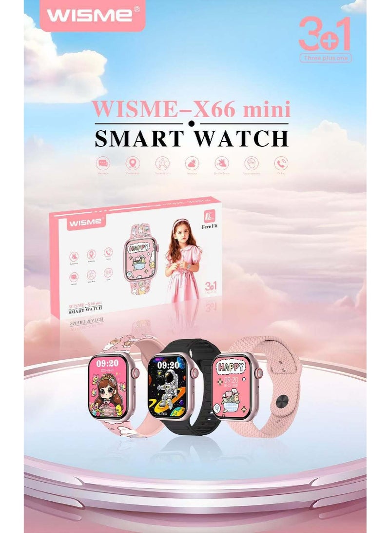 WISME X66 Mini Kids Smart Watch With Bluetooth Calling 3 Pair Straps and Charging Cable Pink - Image 4